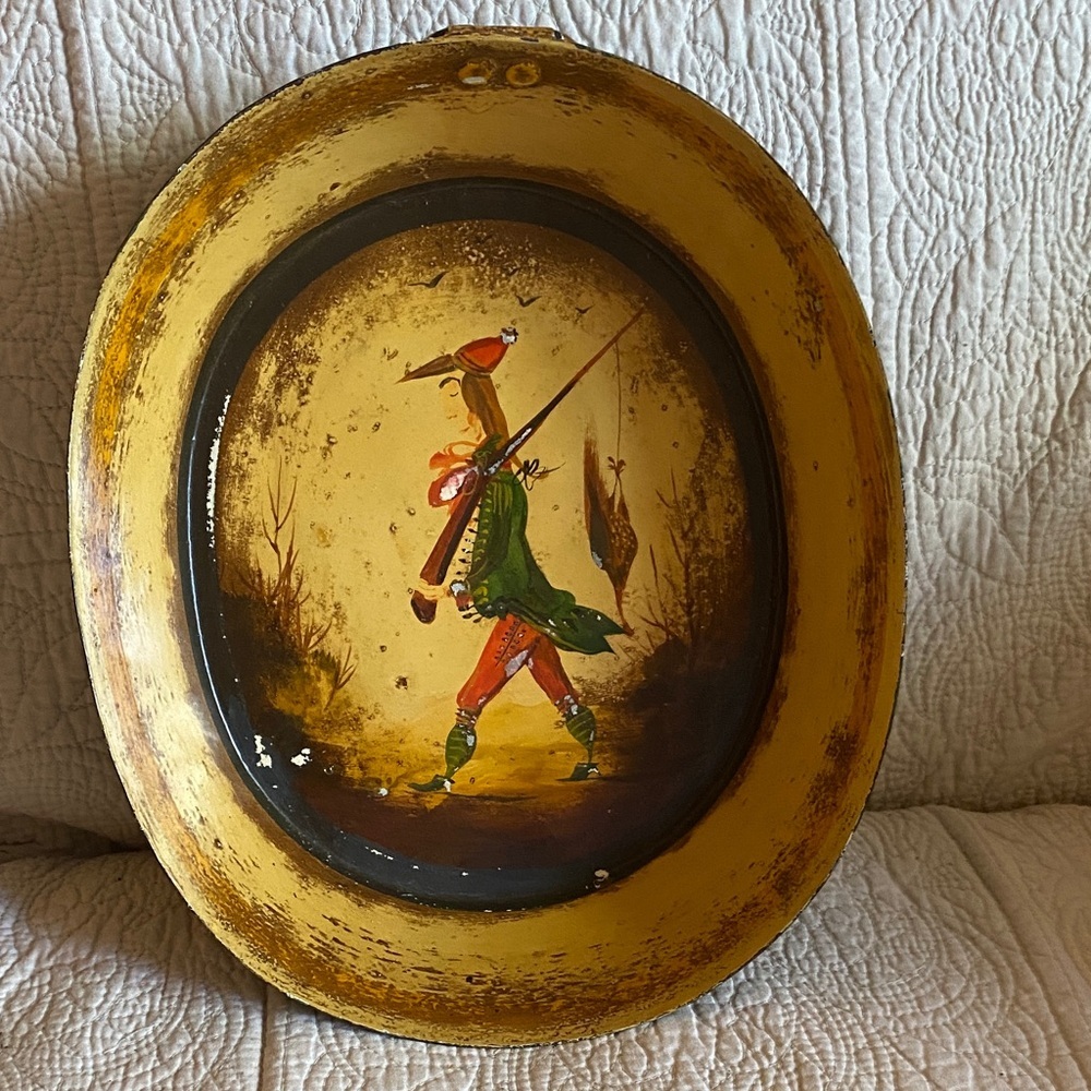 WONDERFUL PETER OMPIR TOLE ART TRAY MAN WITH GUN SIGNED